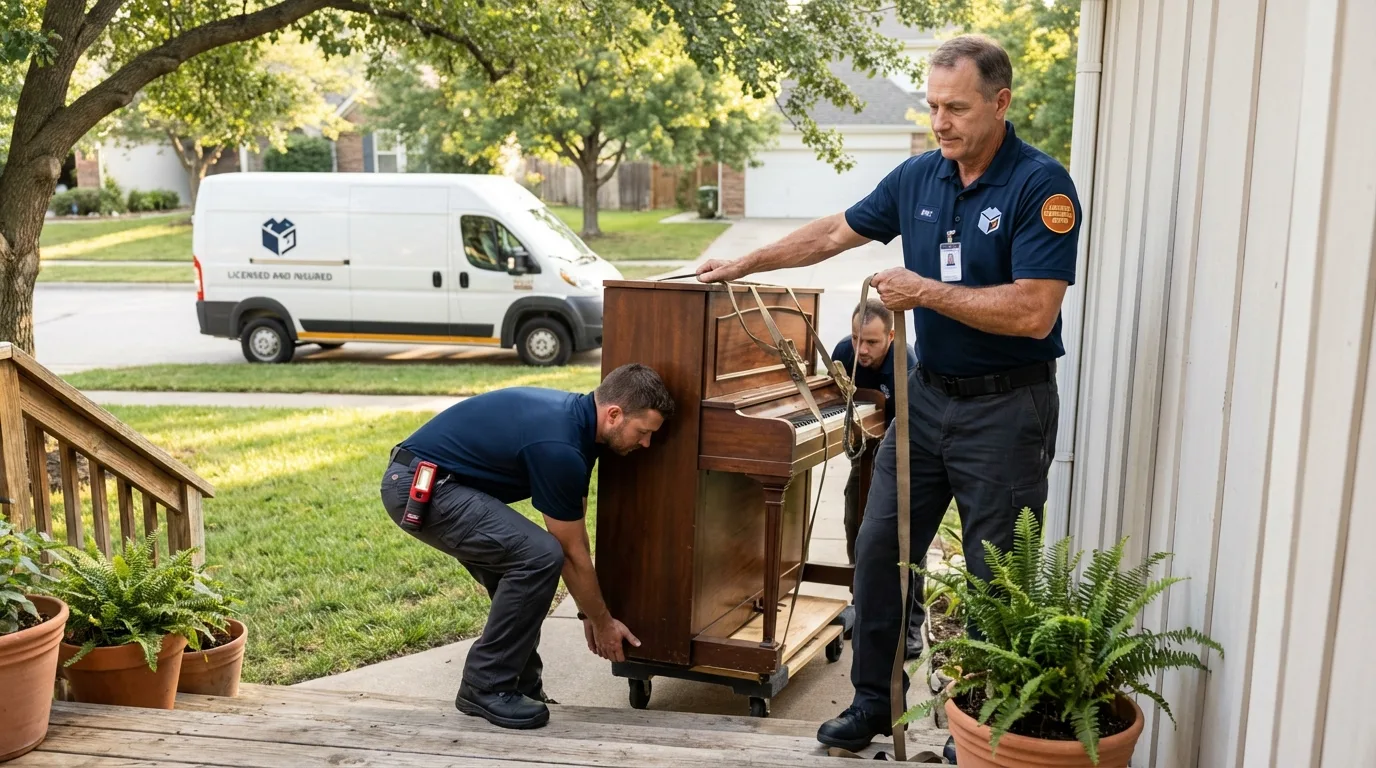 Licensed piano movers securing grand piano in Hiram, ME