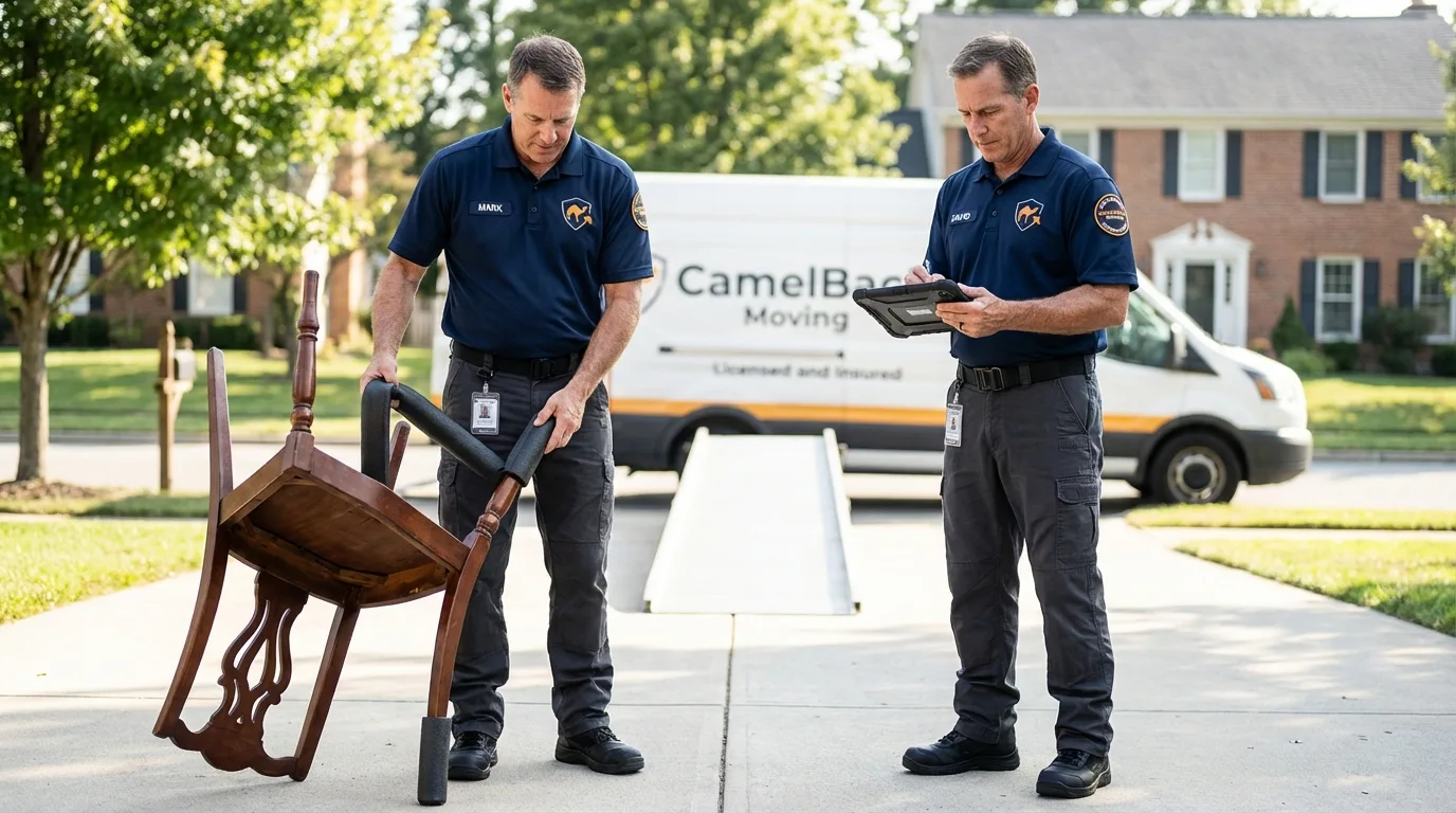 Movers inspecting furniture for damage prevention before loading in Hiram, ME