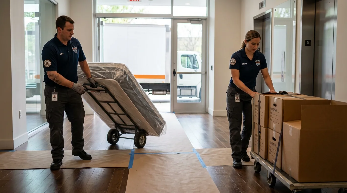 Professional apartment movers loading elevator in Hiram, ME
