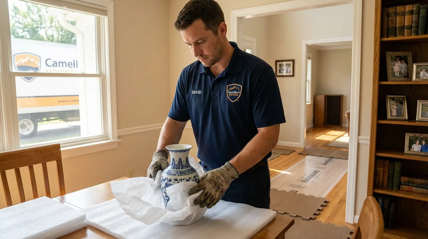 Professional crew carefully wrapping antique vase for senior downsizing move in Hiram, ME