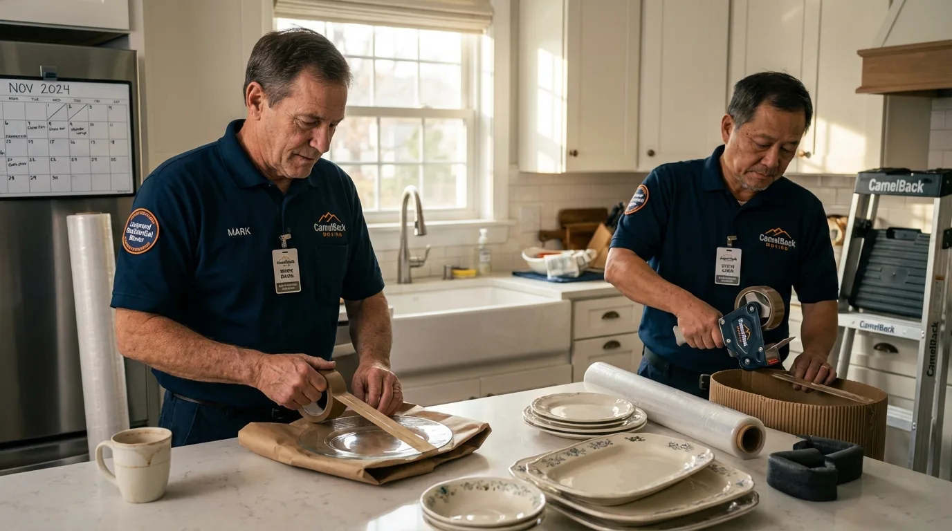 Professional crew packing kitchen dishware in Hiram, ME